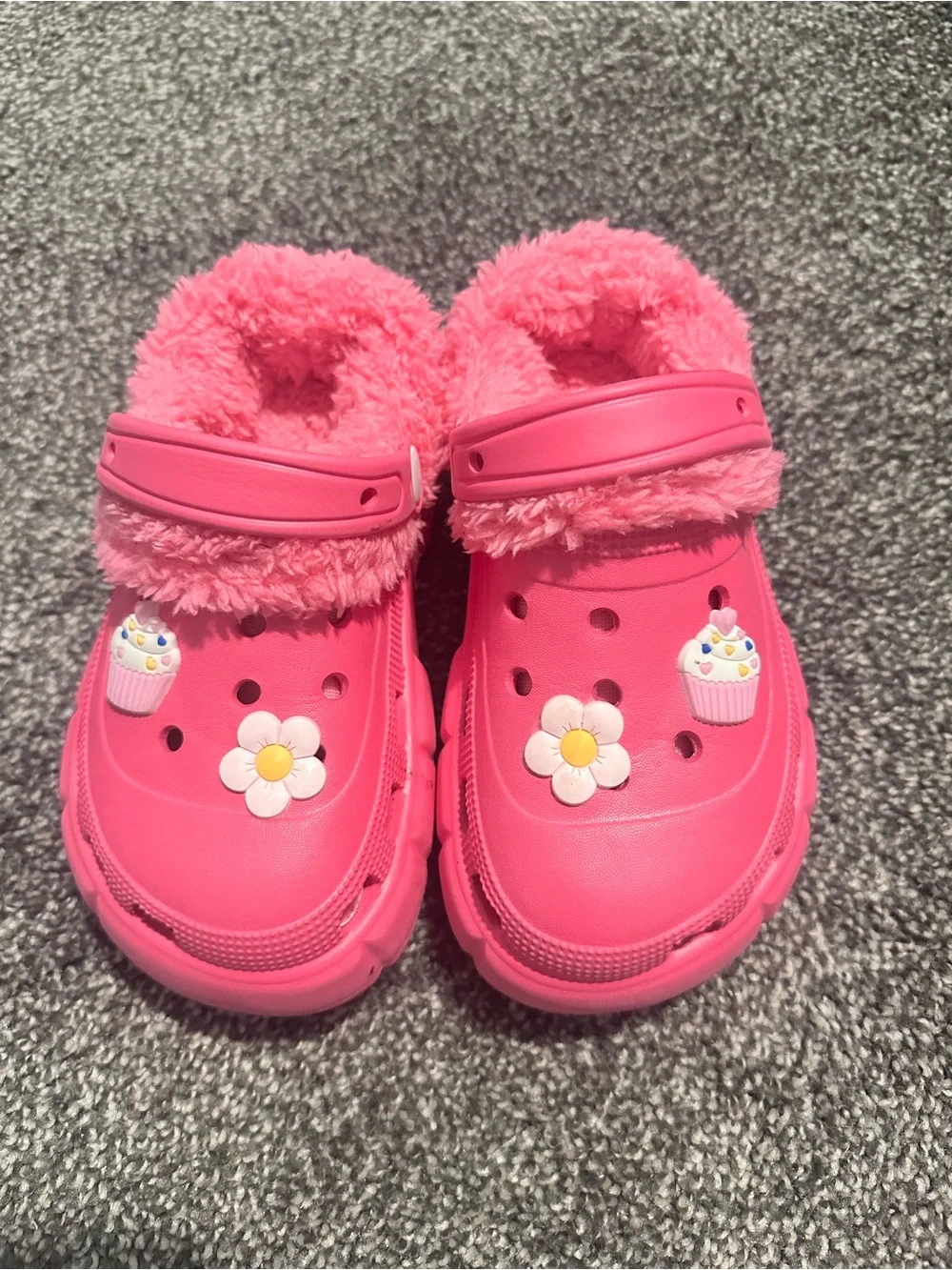 Kids Pink Fuzzy Clog Shoes with Decorative Charms